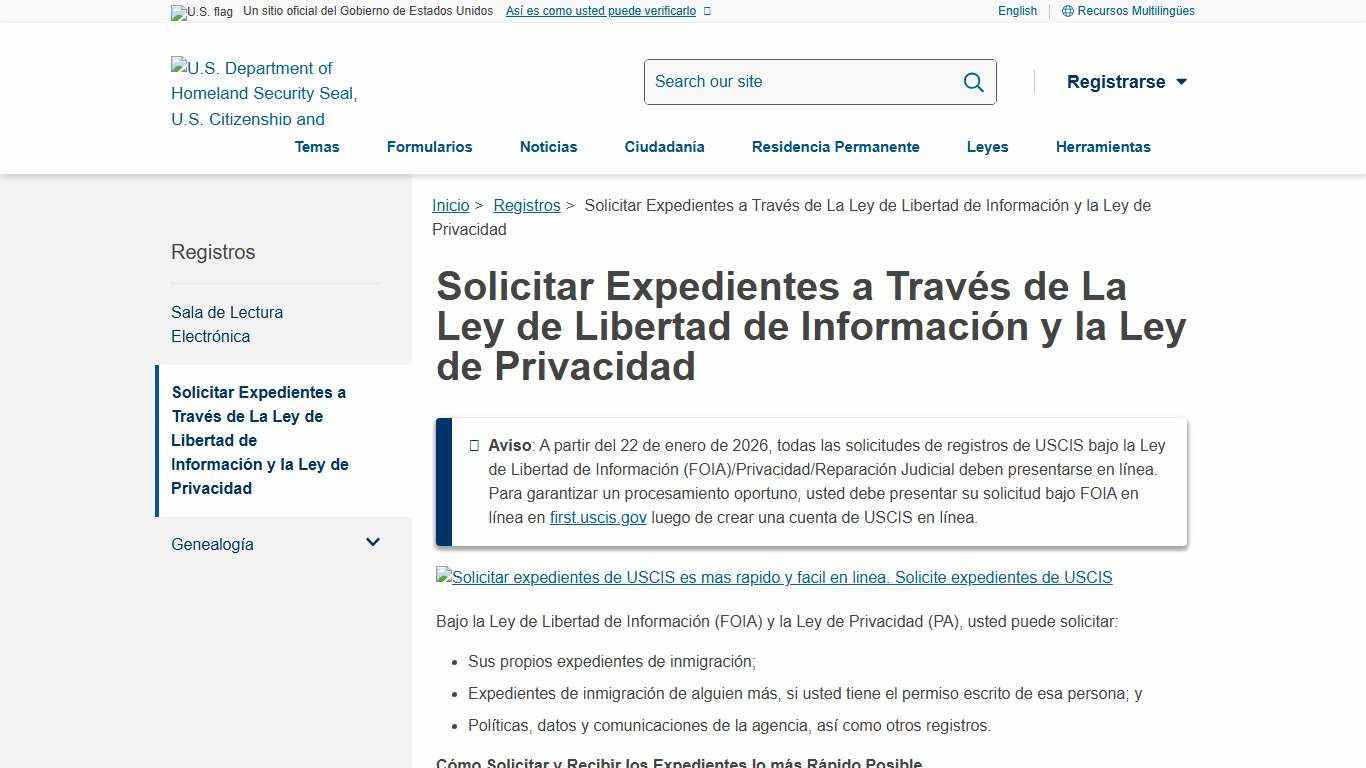 Solicitar Expedientes a Través de La Ley de Libertad de Información y la Ley de Privacidad USCIS